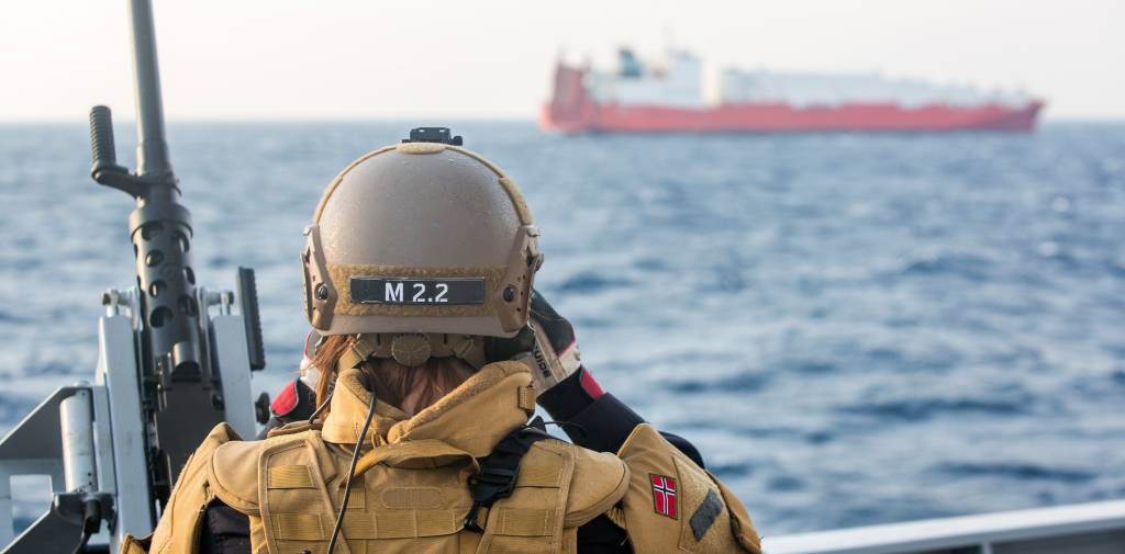 De fire danske og norske fartøyene som skal hente ut Syrias kjemiske stridsmidler  i internasjonalt farvann like utenfor Syria. Fram til ordren om å gå inn til Syria kommer, vil fartøyene benytte tiden på øvelser og andre forberedelser. Det norske lasteskipet 