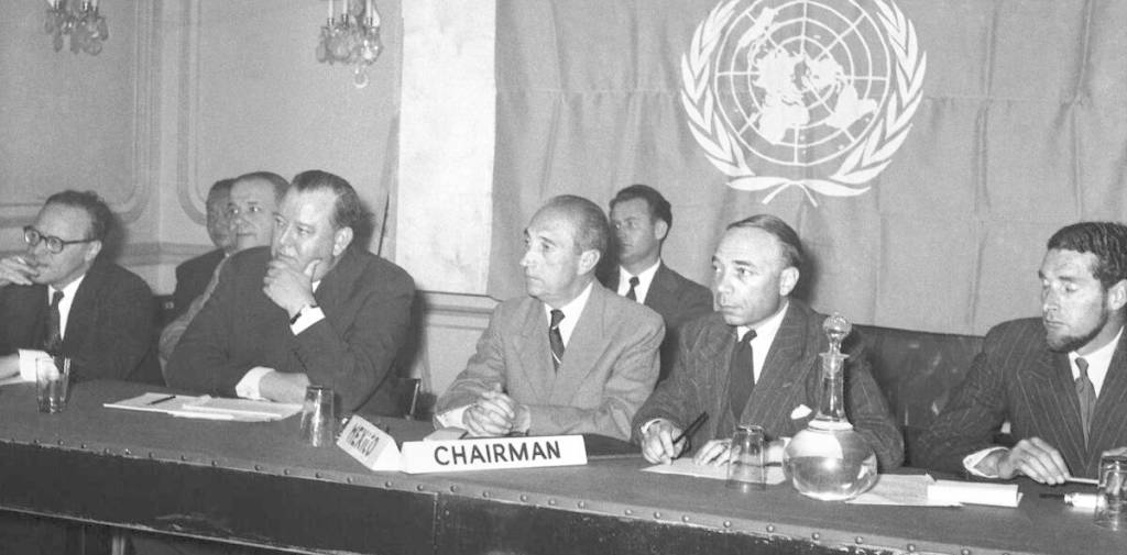 While in Athens, during his recent trip to Europe and the Middle-East, Mr. Trygve Lie, United Nations Secretary-General, attends a closed session of the United Nations Special Committee on the Balkans (UNSCOB). Left to right, at the table: Mr. A.H. Feller, Principal Director of the U.N. Legal Department; Mr. Trygve Lie; Mr. Omar Josefe, of Mexico, Chairman of UNSCOB; and Mr. Raoul Aglion, UNSCOB Secretary.