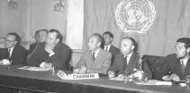 While in Athens, during his recent trip to Europe and the Middle-East, Mr. Trygve Lie, United Nations Secretary-General, attends a closed session of the United Nations Special Committee on the Balkans (UNSCOB). Left to right, at the table: Mr. A.H. Feller, Principal Director of the U.N. Legal Department; Mr. Trygve Lie; Mr. Omar Josefe, of Mexico, Chairman of UNSCOB; and Mr. Raoul Aglion, UNSCOB Secretary.